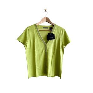Liz Claiborne Silk Knit Green Top V-Neck Short Sleeved Button Up Women's M NWT